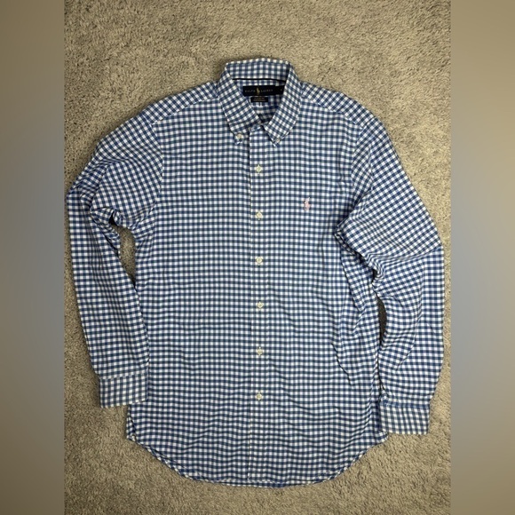 Ralph Lauren Shirt Mens Medium Button Down Check Plaid Blue Pink Pony Preppy - Picture 1 of 4